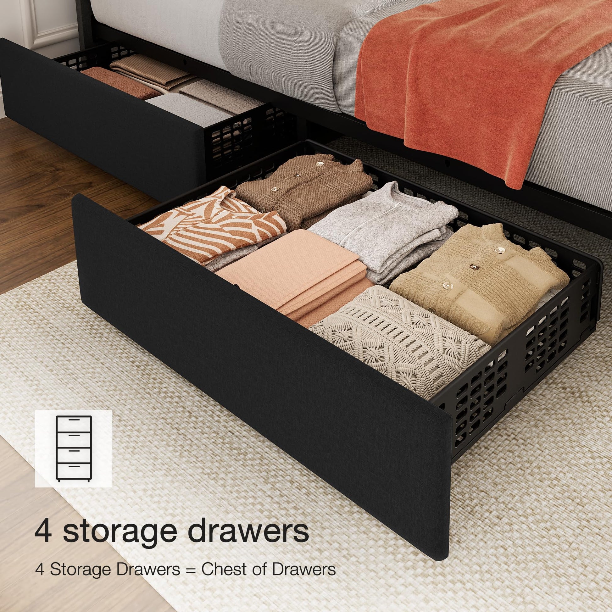 4 storage drawers keep bedding and clothes organized
