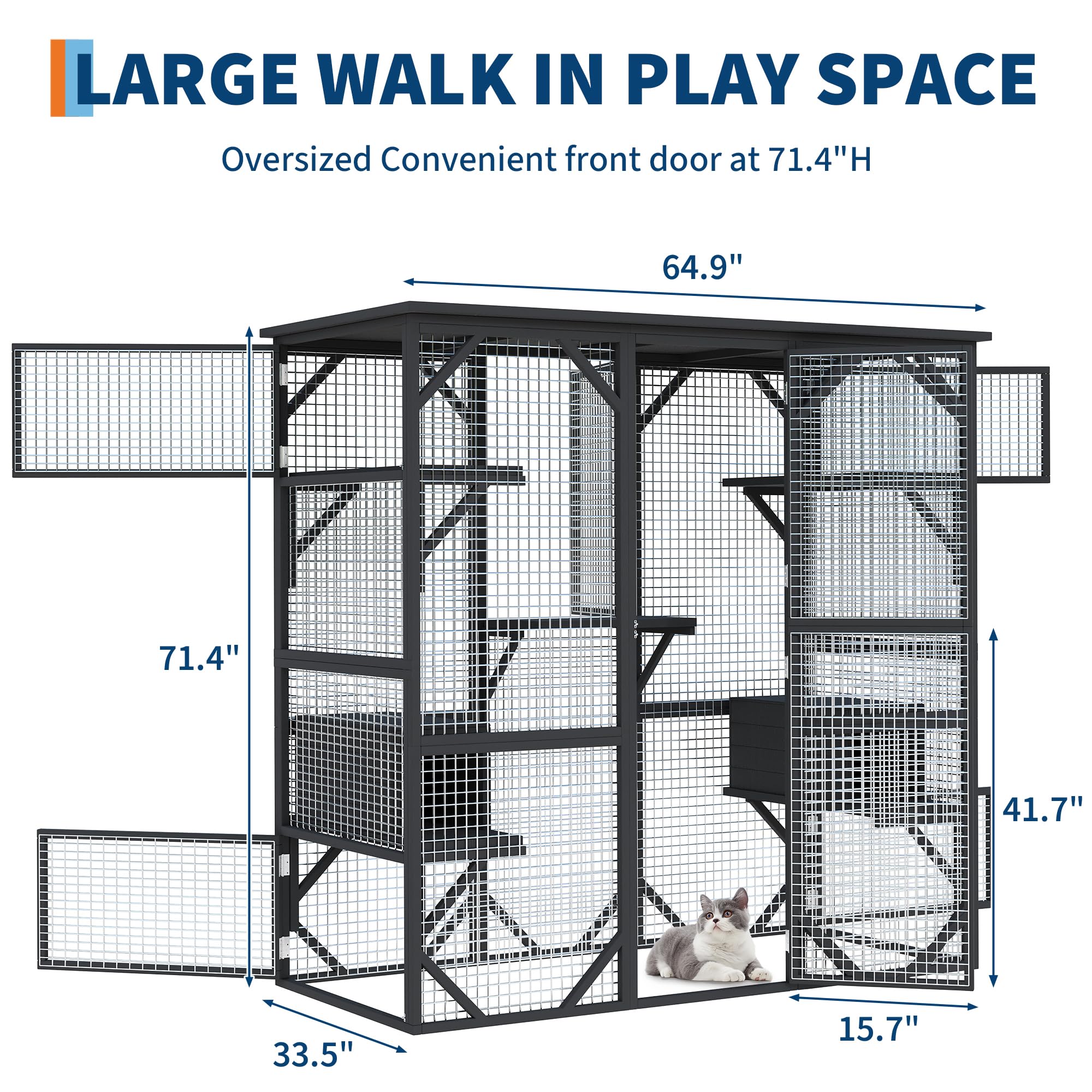 Black outdoor window catio with walk-in door and size dimensions