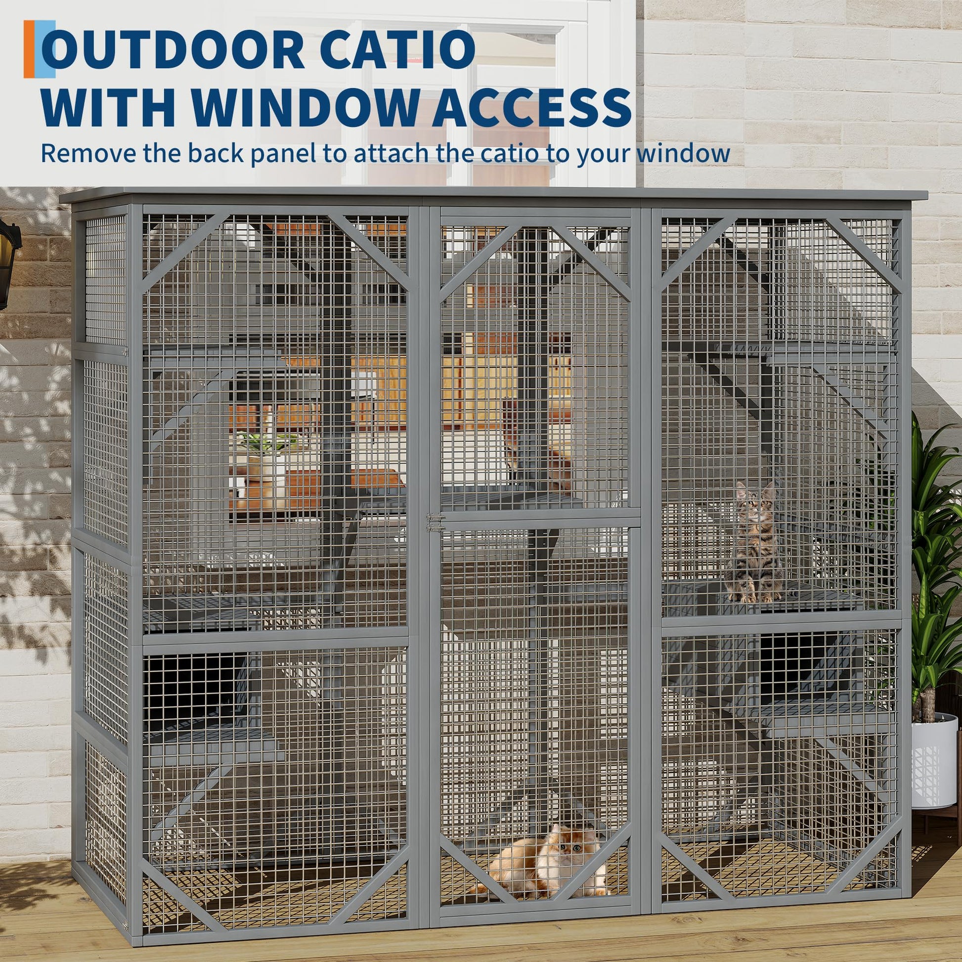 Grey outdoor window catio connected to a home window