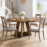 Garvee 47" Round Dining Table Farmhouse Kitchen Table Wooden Pedestal Base Seats 4-6 Adjustable Leg Pads Rustic Brown - Brown