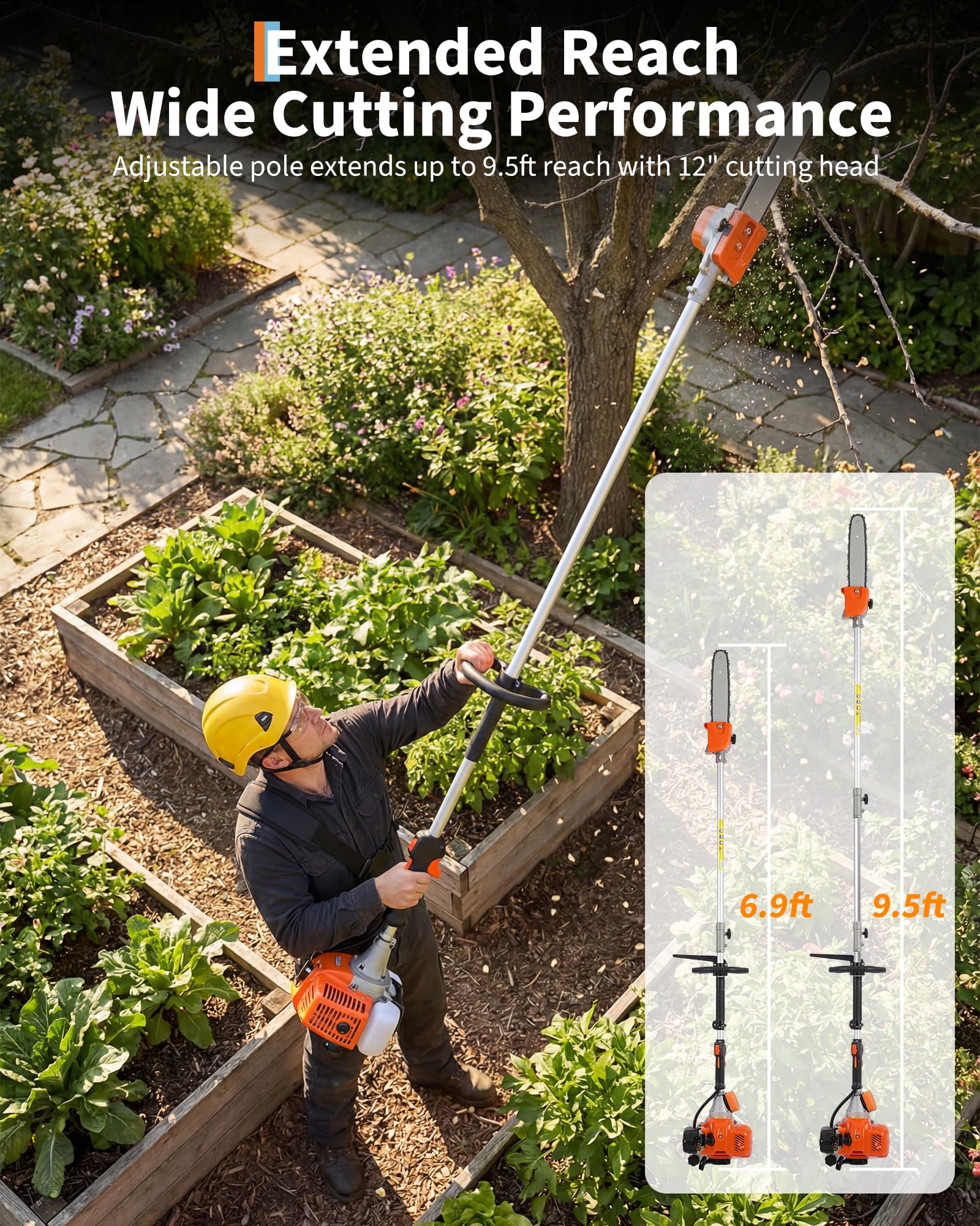 Garvee 52CC pole chain saw extended shaft reaching high branches