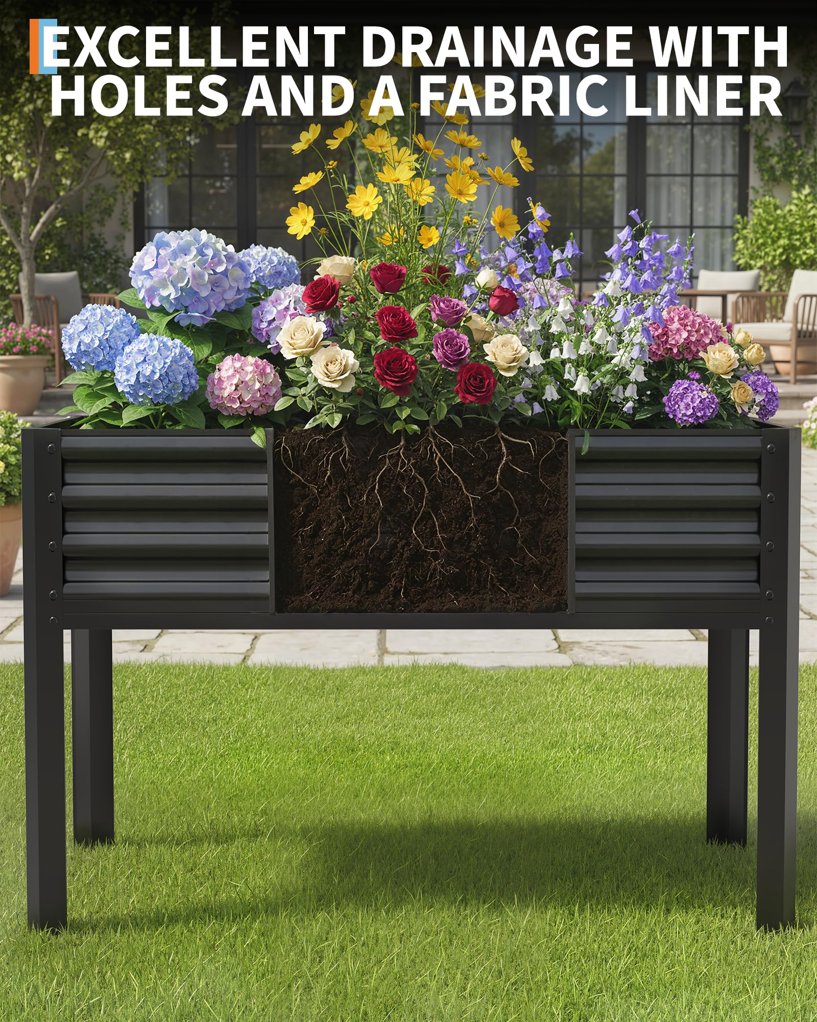 Black raised garden bed drainage holes and fabric liner