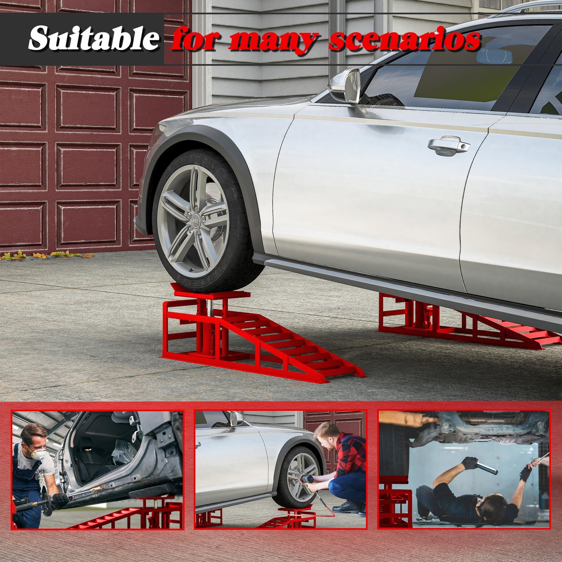 Hydraulic car ramps used in multiple maintenance scenarios