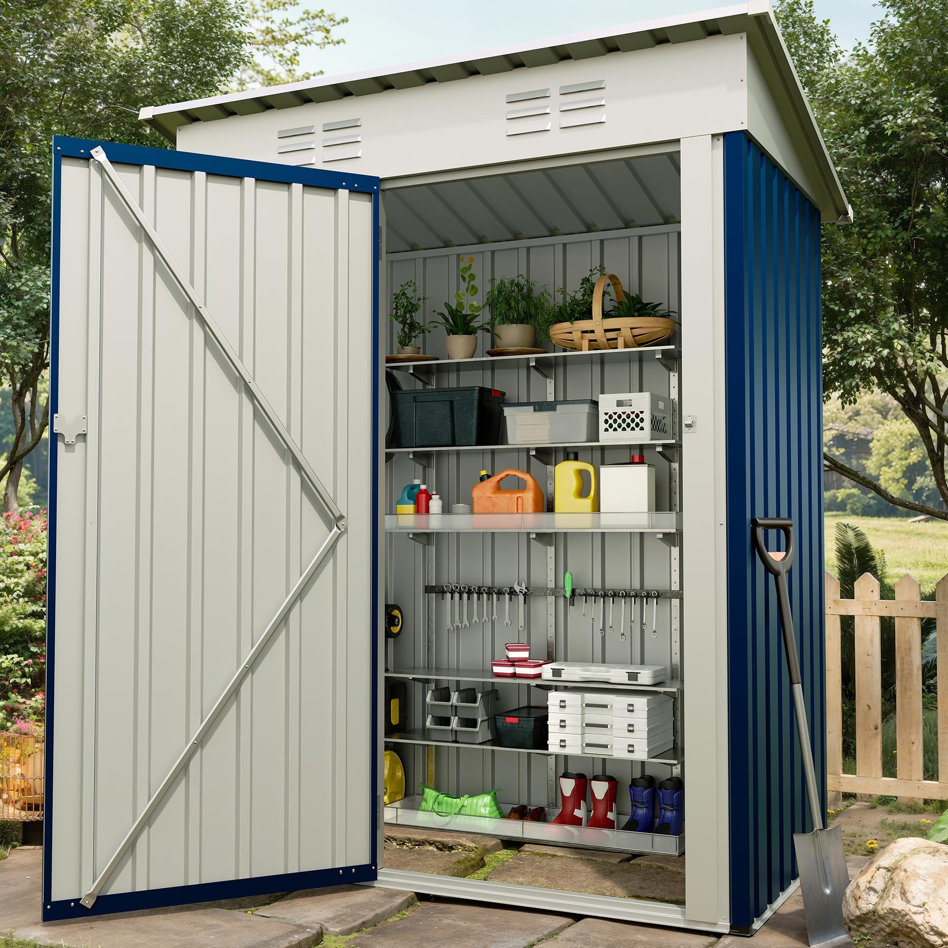 5x3 outdoor storage shed with organized garden tools and patio supplies