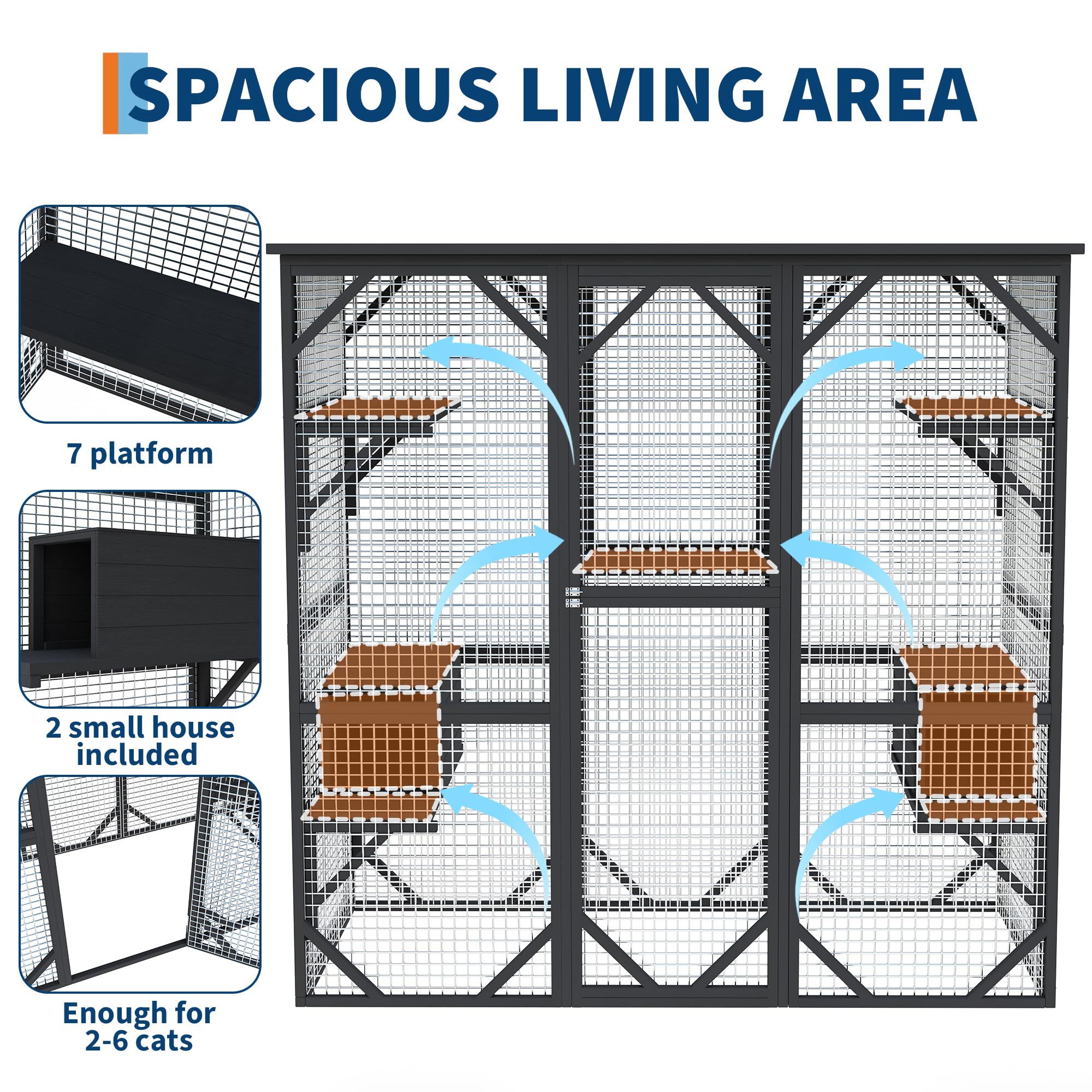 Black multi-level outdoor catio with platforms and resting boxes