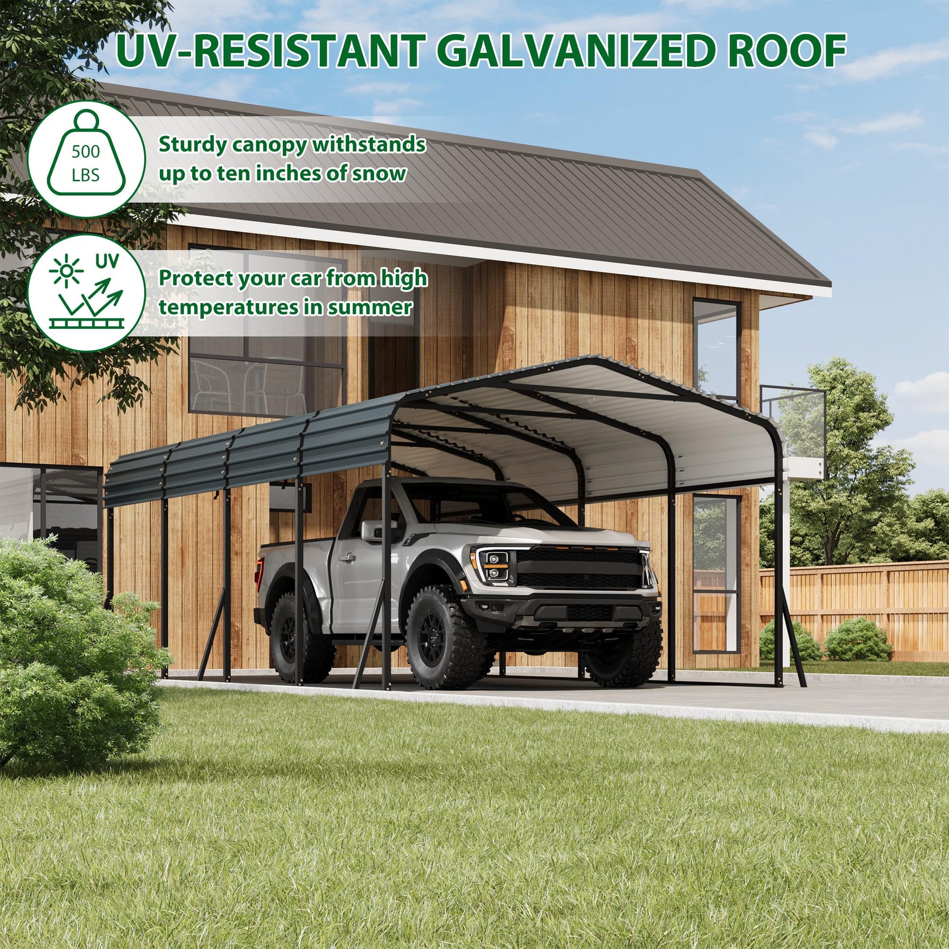 UV-resistant galvanized roof with snow and summer heat protection