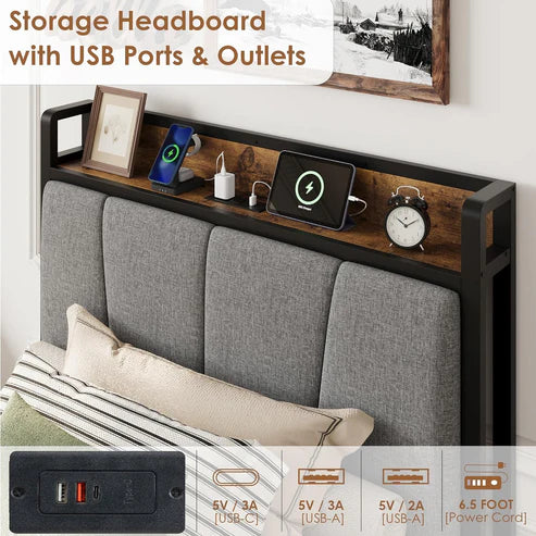 Garvee Twin Size Bed Frame with 2 Storage Drawers and Charging Station, Rustic Linen Upholstered Platform Bedframe with Storage Headboard, Heavy Duty, Easy to Assemble for Kids, Grey