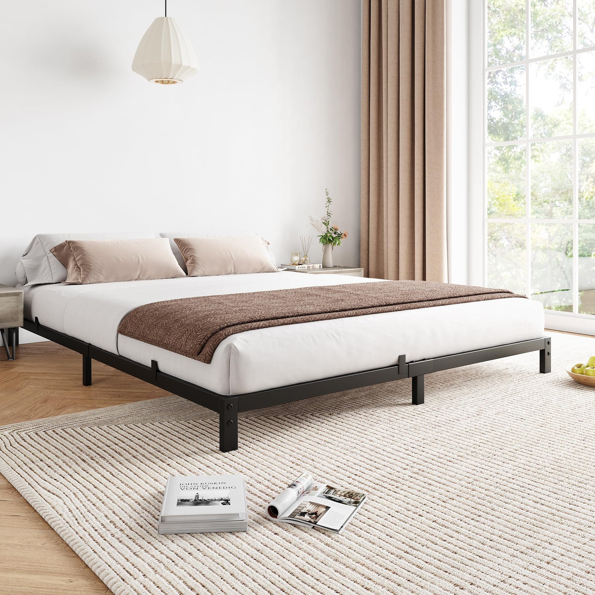 Low profile full bed frame in modern bedroom