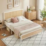 Garvee Queen Size Rattan Bed Frame with Headboard, Modern Boho Style, Sturdy Steel Support, White