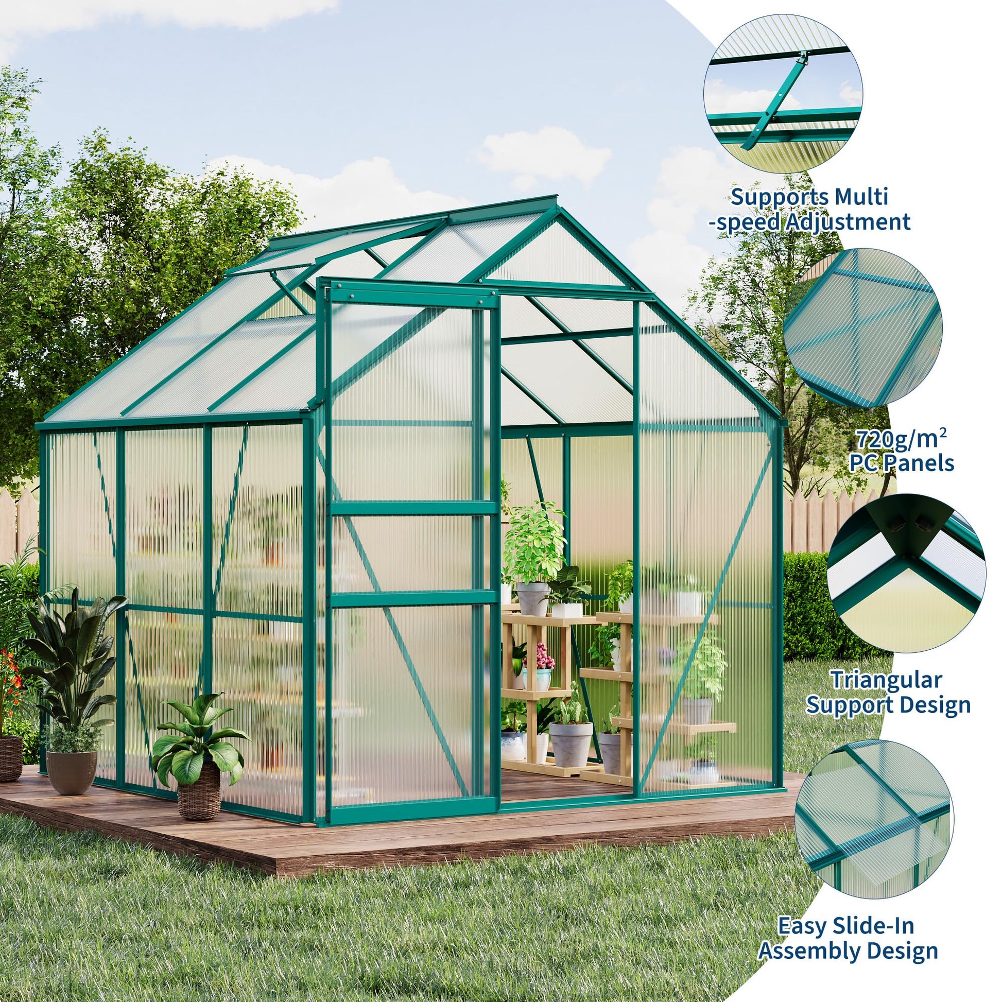 PC panels, support details, and slide-in assembly design shown on the greenhouse