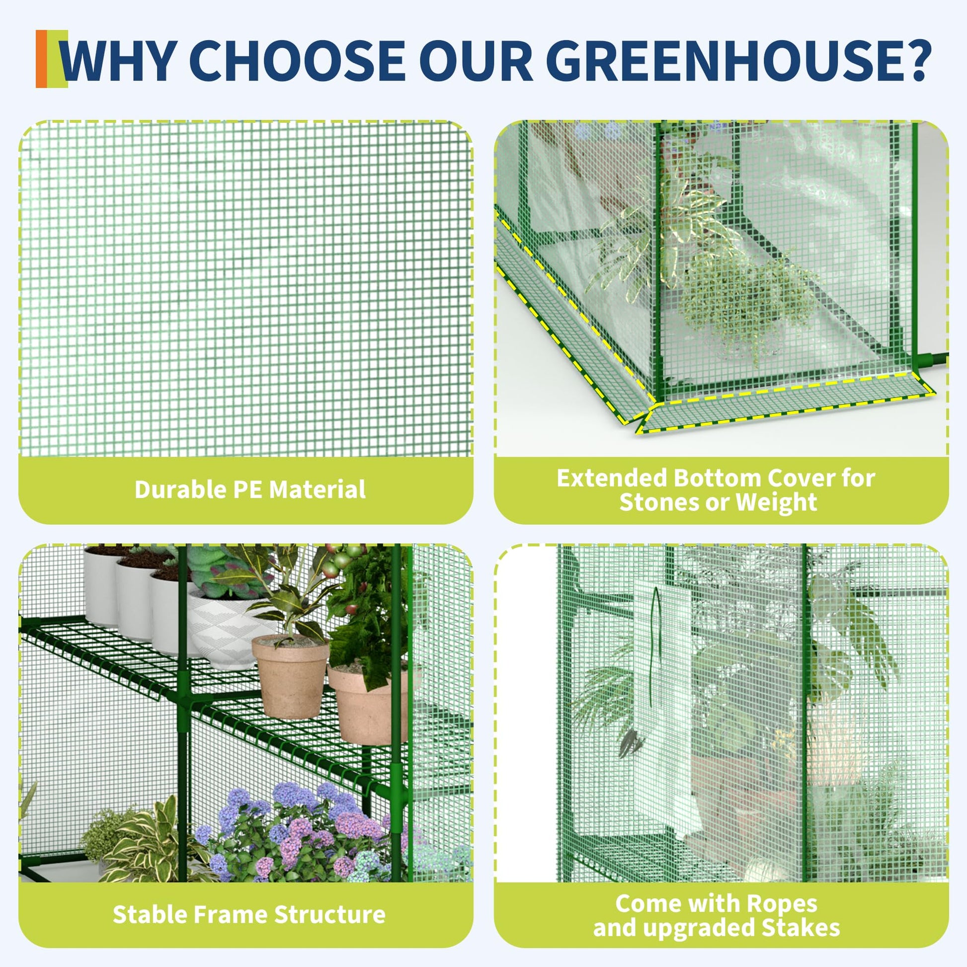 Greenhouse with 12 wire shelves and stable frame details