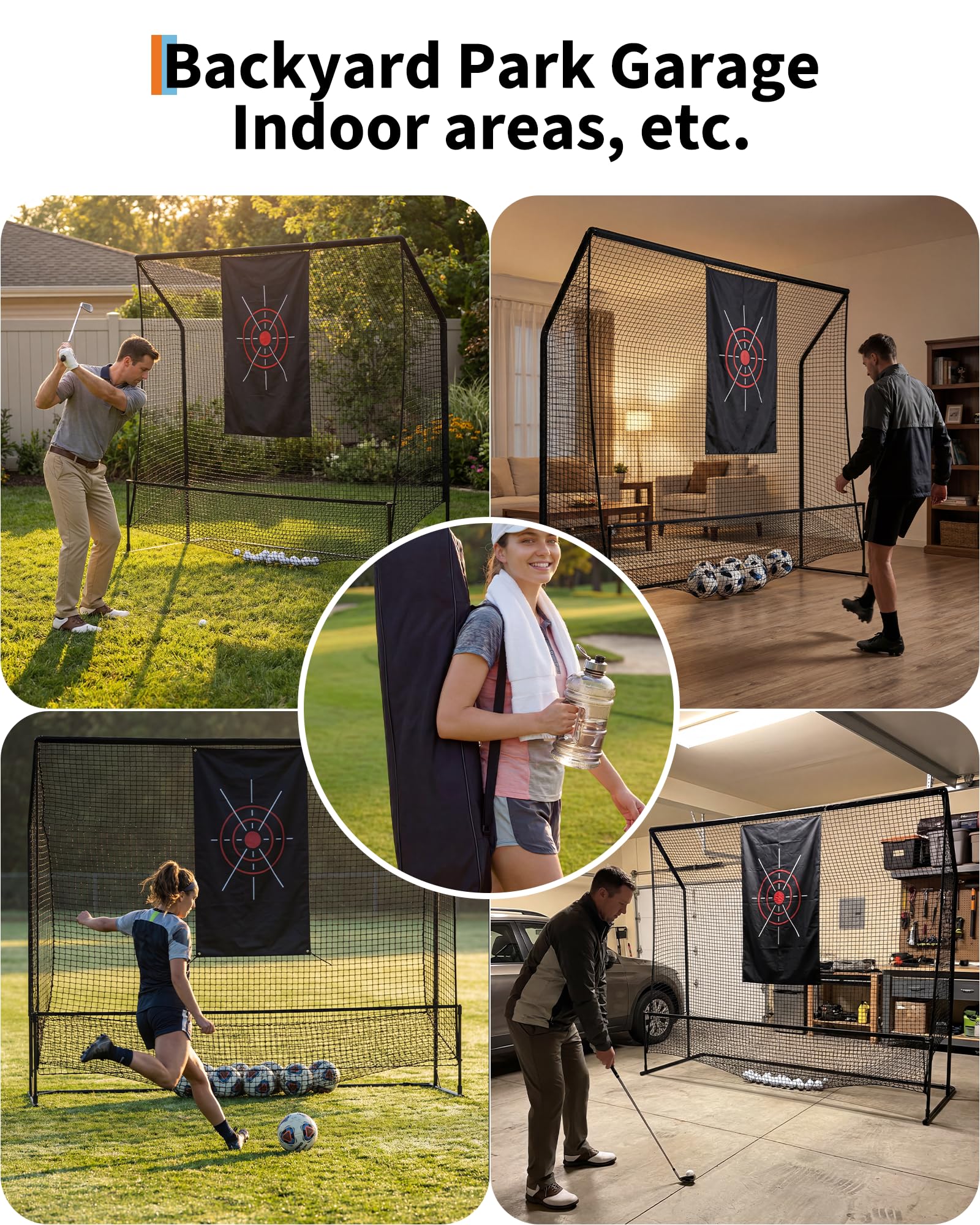 Golf hitting net used in backyard, indoor room, sports field, and garage practice settings