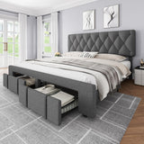 Garvee King Size Bed Frame, Upholstered Platform Bed Frame with Storage Drawers, Mattress Foundation with Solid Wooden Slats Support, No Box Spring Needed, Grey - Gray