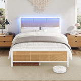 Garvee Rattan Queen Size Bed Frame with LED Lights, Boho Style, Sturdy Steel Support, White