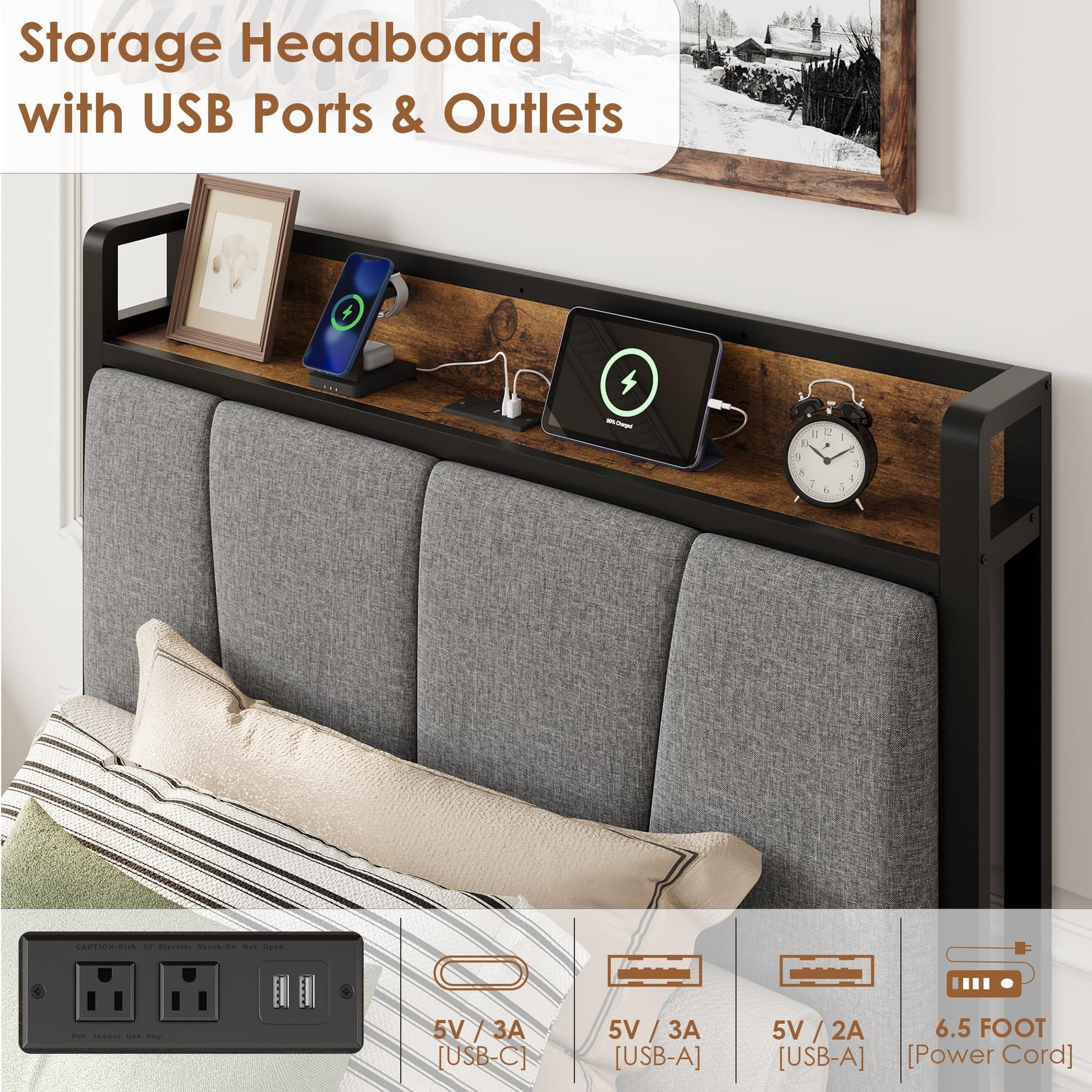 Tête de lit de rangement avec ports USB et prises