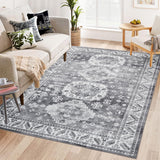 Garvee Vintage Washable Area Rug 3'x5' Boho Rug Faux Cashmere Non Slip Rugs for Living Room Bedroom Oriental Indoor Rug Mat Stain Resistant Throw Rug Kitchen Dining Home Office, Grey - Grey