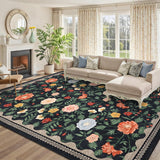 Garvee Washable 9x12 Area Rugs Non Slip Floral Print Carpet for Living Room Girls Room Bedroom Nursery Black - Black