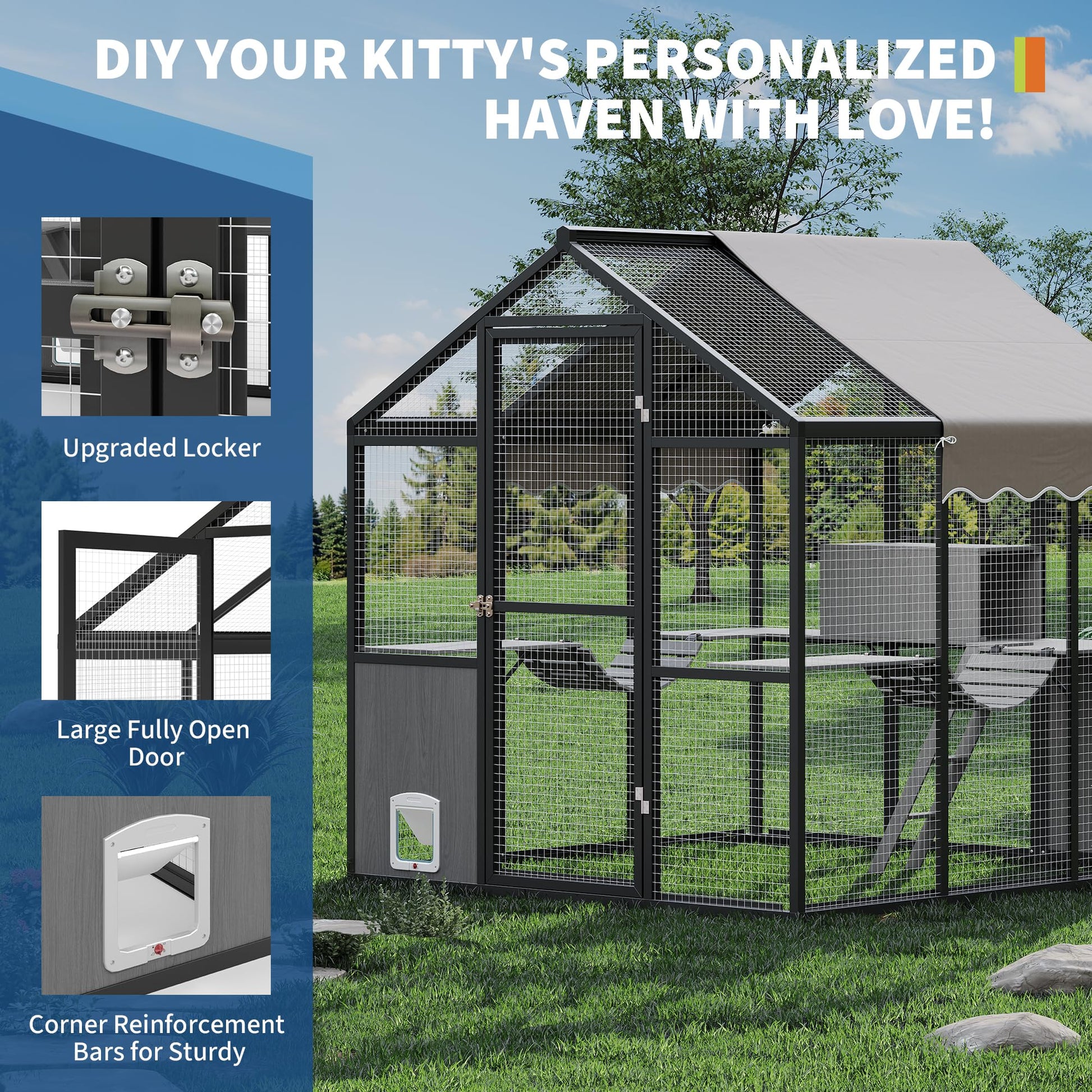 Large outdoor cat enclosure with reinforced frame and secure door