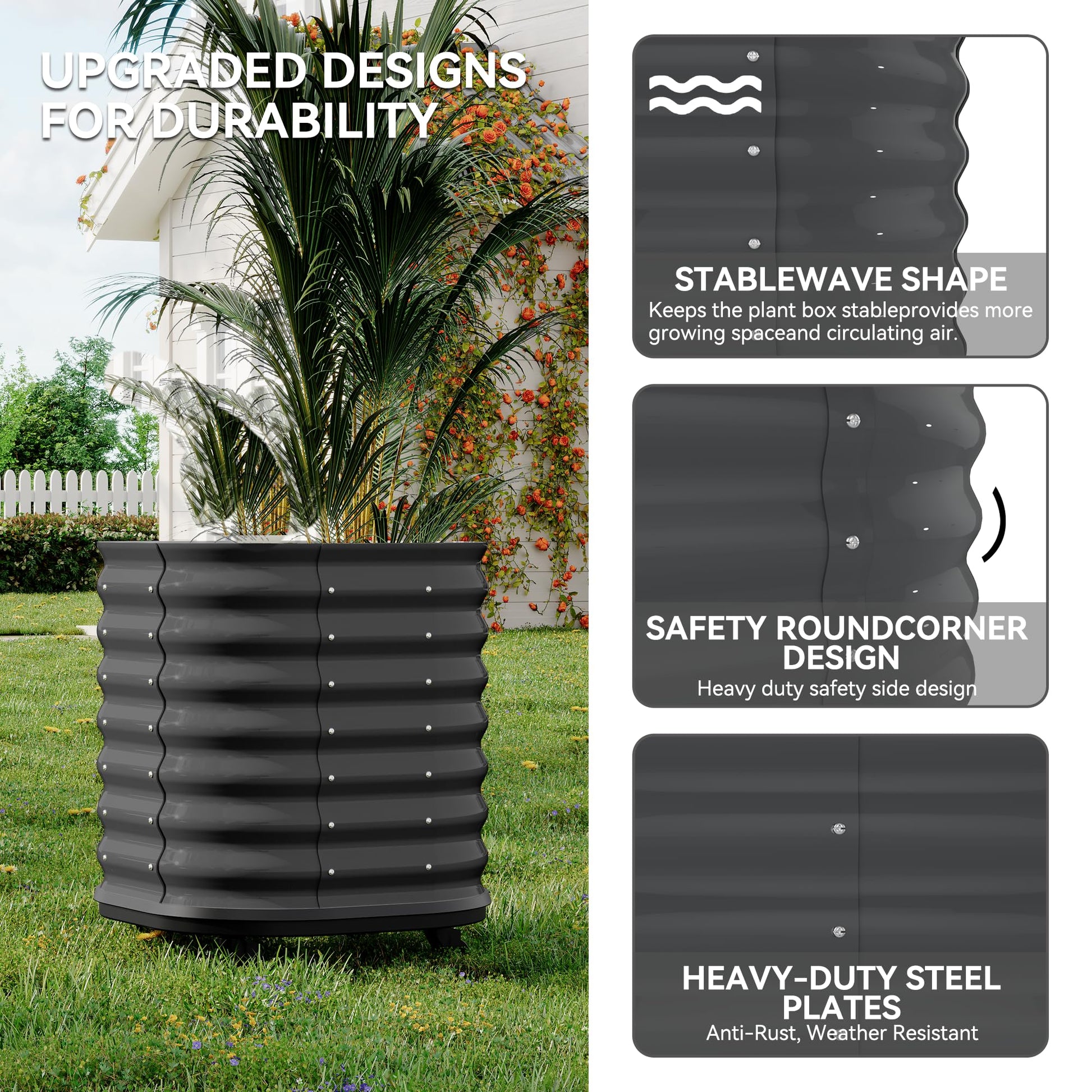 Durable galvanized steel garden bed with wave-shaped panels