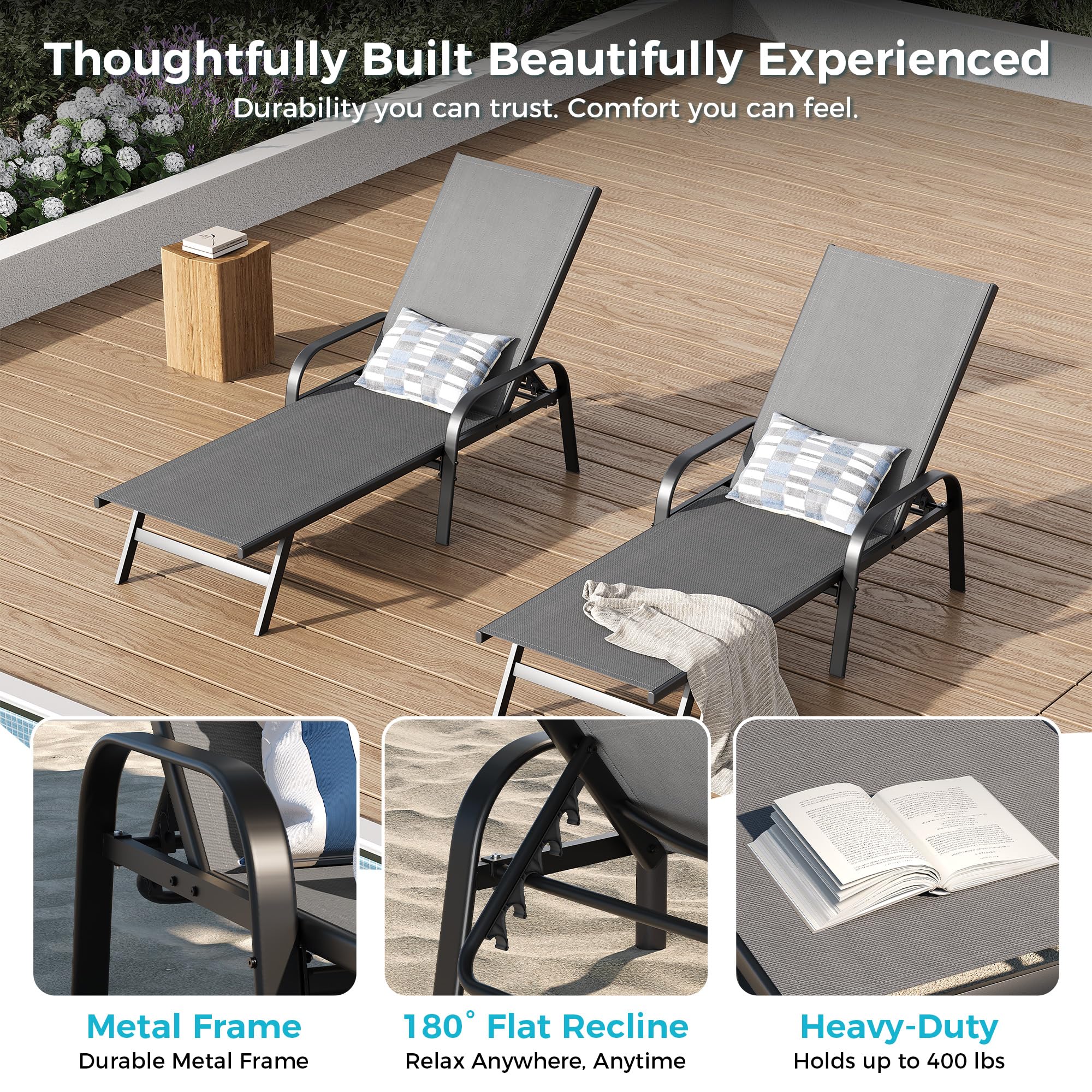 pair of grey patio lounge chairs highlighting metal frames flat recline and 400 lb support