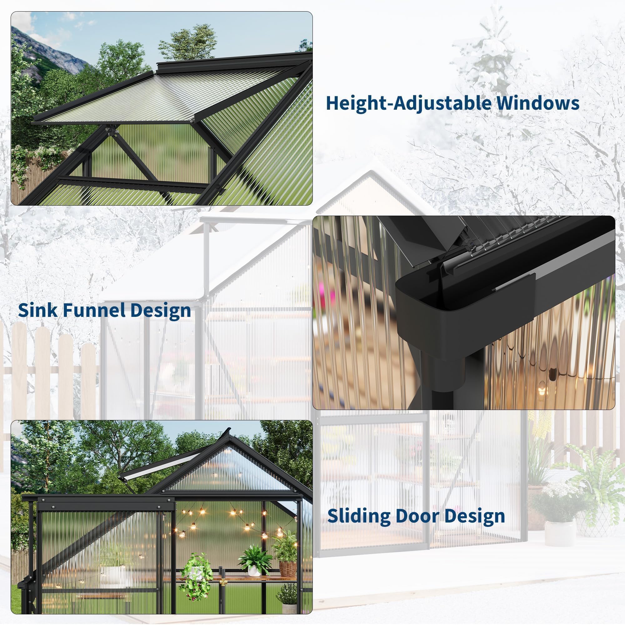 Greenhouse details showing roof vent gutter channel and sliding door features
