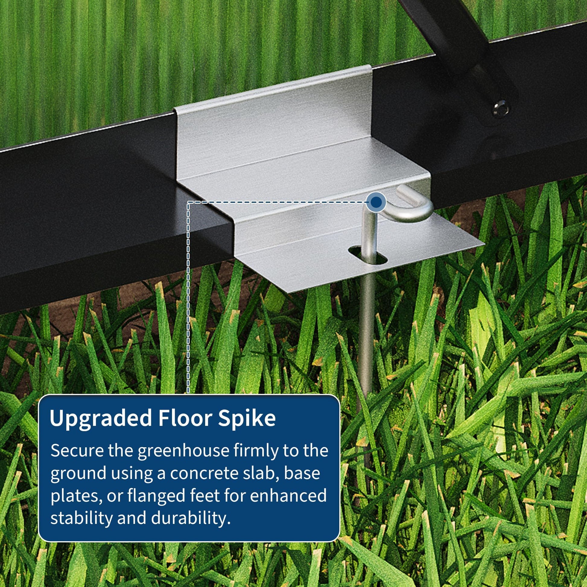 Ground spike and base foot detail for greenhouse stability