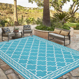 Garvee Outdoor Waterproof Rug 10x14 Plastic Straw Rug Reversible Beige Plaid Carpet for Camping RV Deck Porch Picnic Balcony Backyard - Teal/White(Geometric)