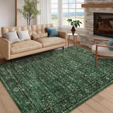 Garvee Washable Living Room Area Rug, 10x13, Vintage Distressed Floral, Non Slip, Low Pile, Stain Resistant, Green - Floral/Green