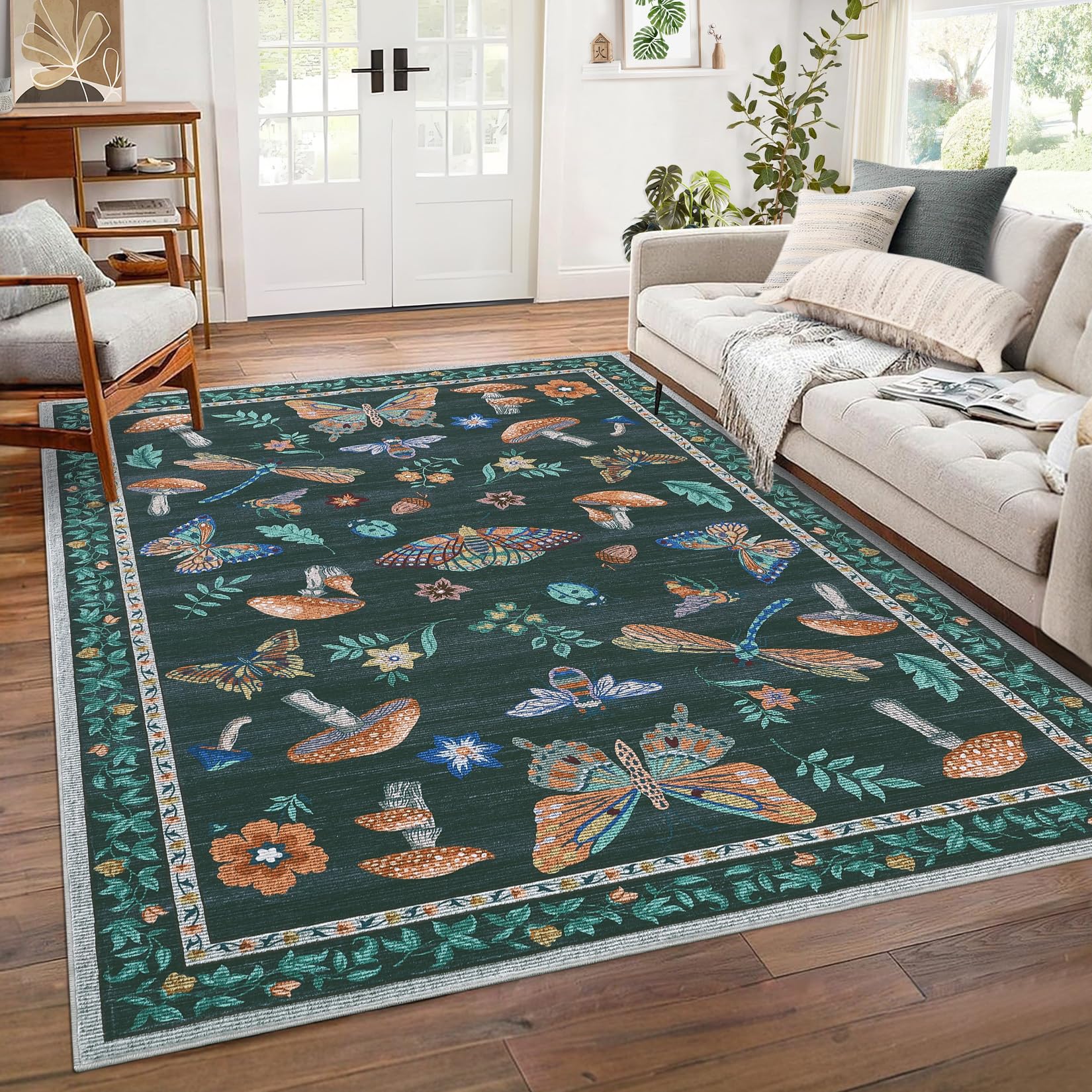 black mushroom insect area rug styled in a coordinated living space