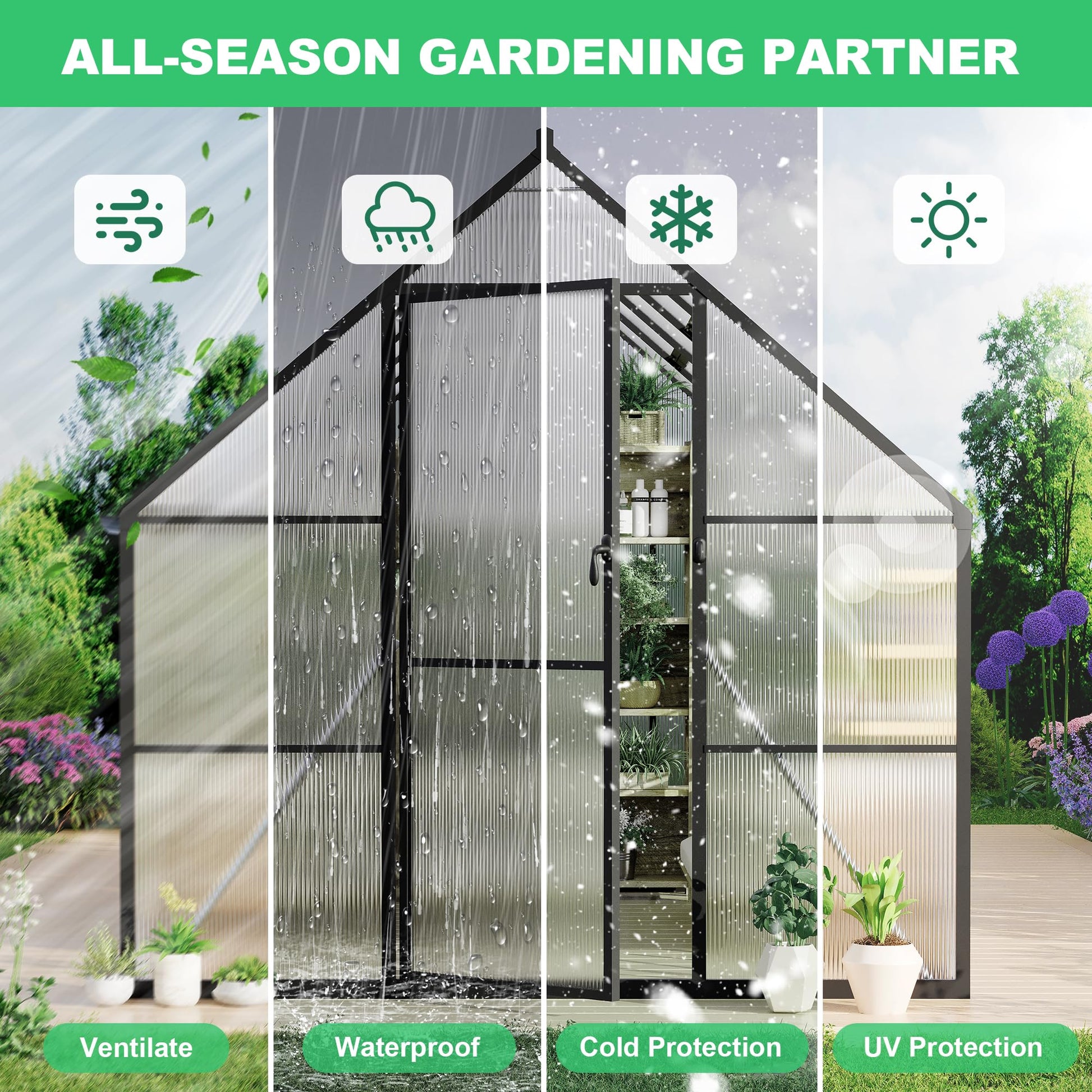 All-season greenhouse with UV protection polycarbonate panels