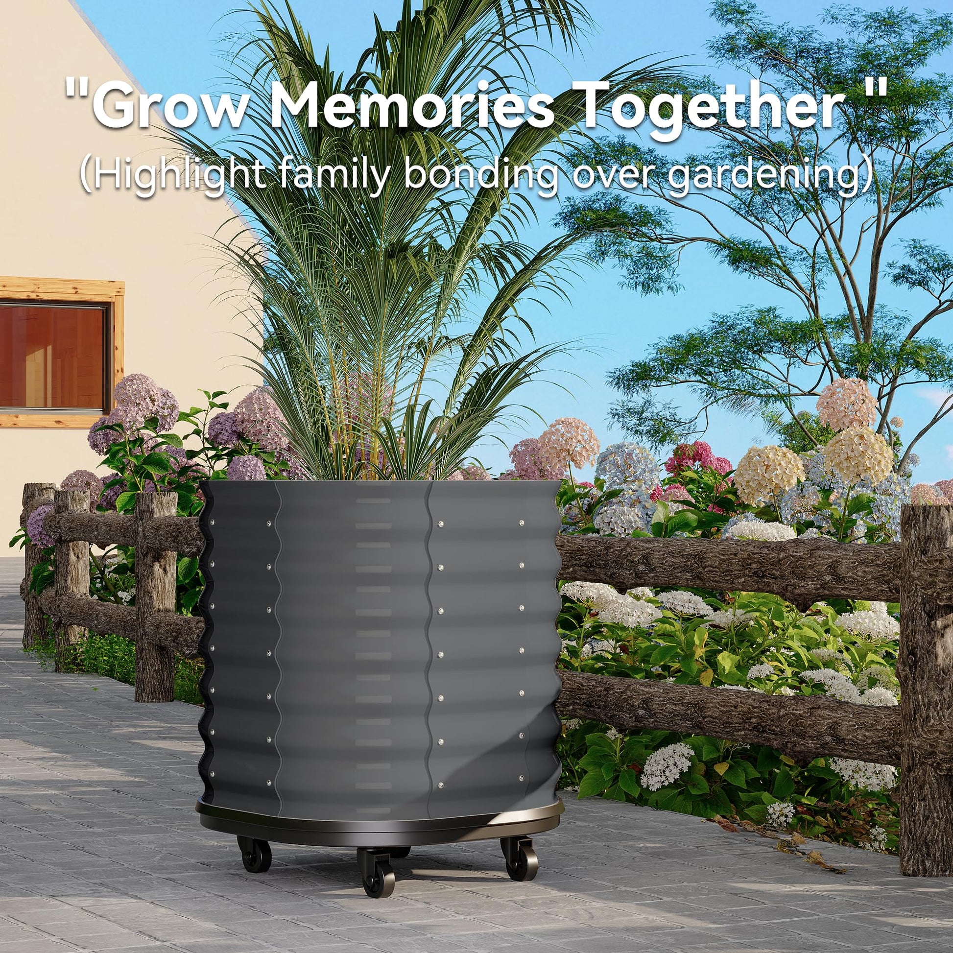 Wheeled metal garden bed for patio and backyard use