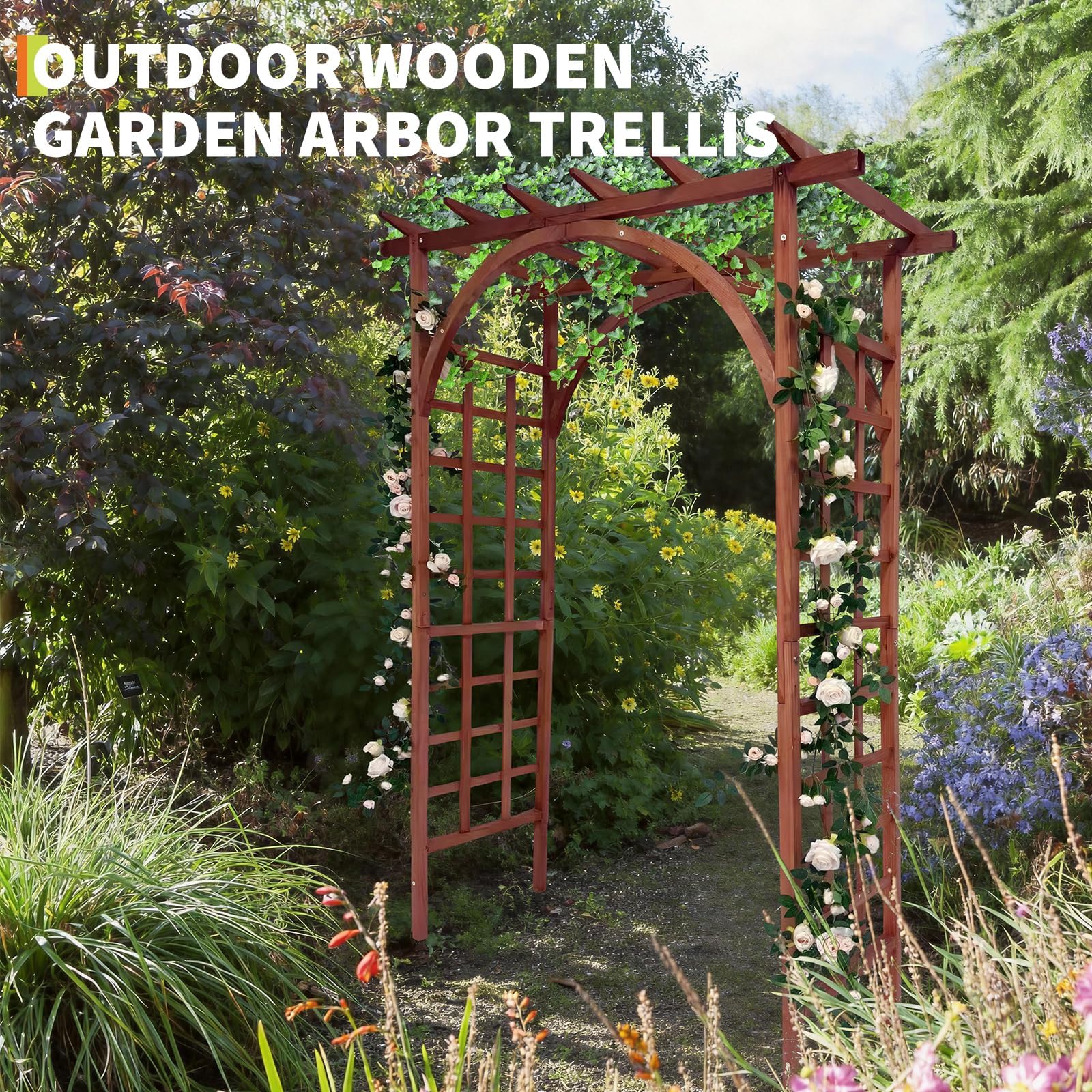 teak arched and flat top garden arbor supporting climbing flowers along an outdoor garden path