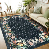 Garvee Black 6x9 Area Rugs Washable Floral Rug Non-Slip Backing Low-Pile Carpet for Living Room Bedroom Dining Room - Black