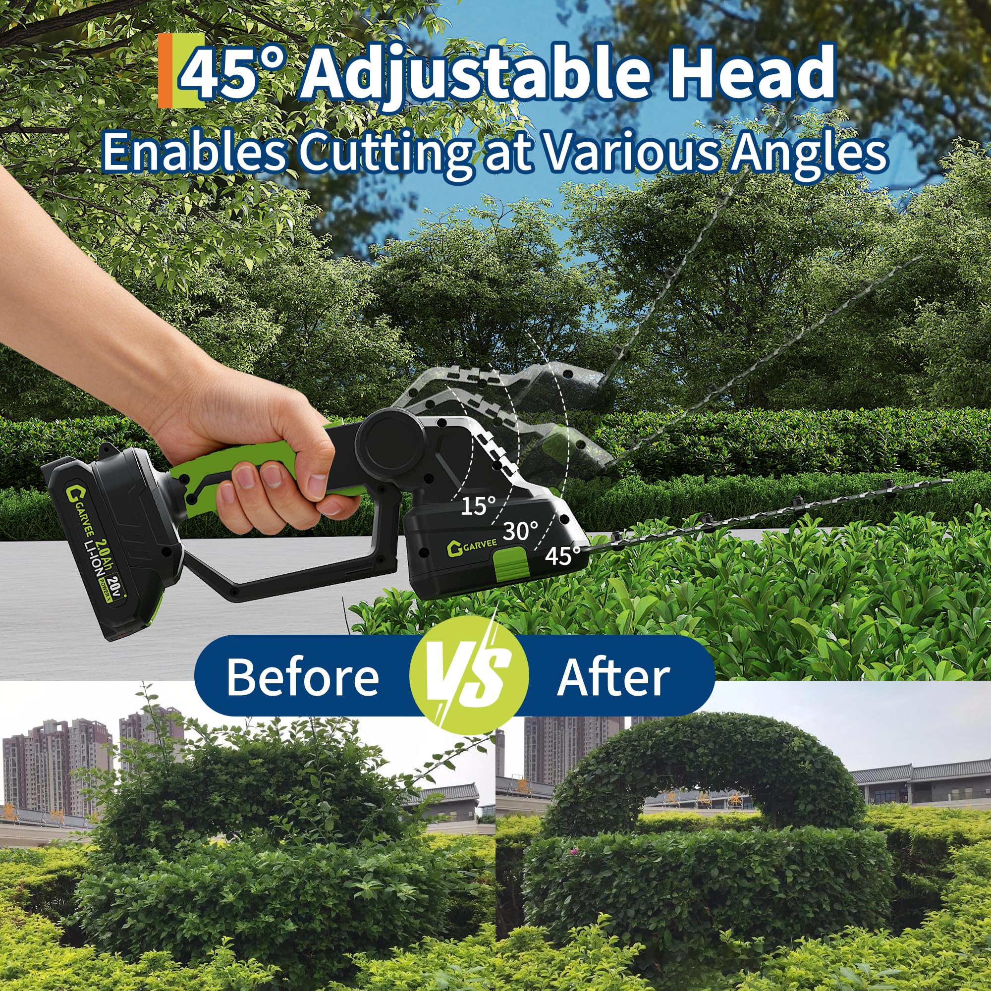 Cordless hedge trimmer head adjusted to 15, 30, and 45 degree positions