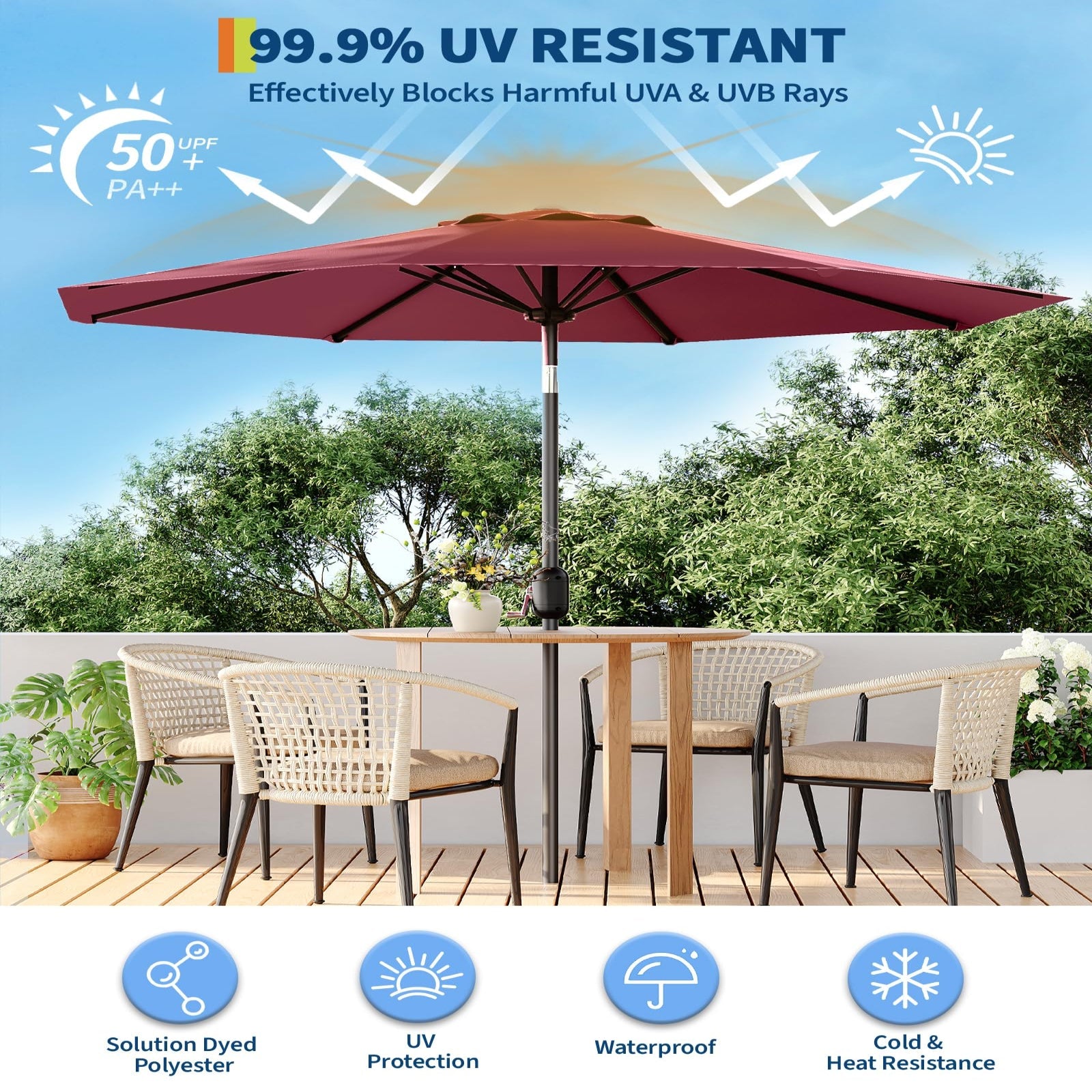 dark red patio umbrella UPF 50 plus polyester canopy detail