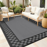 Garvee Outdoor Rug 10x14 Waterproof Reversible Camping Carpet Grey Plastic Straw Foldable Lightweight for Deck Picnic Beach Balcony - Checkered-Charcoal Gray & Black