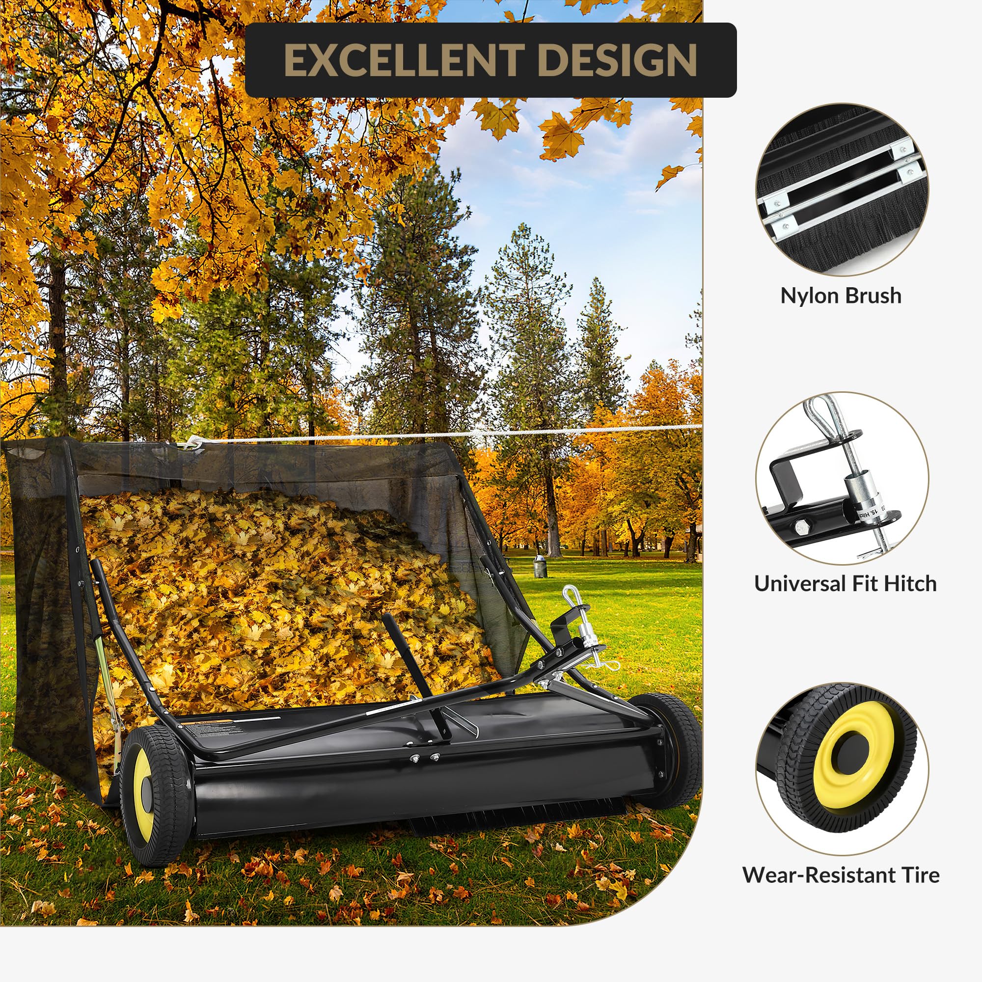 Garvee lawn sweeper with nylon brush universal hitch and wear resistant tire callouts
