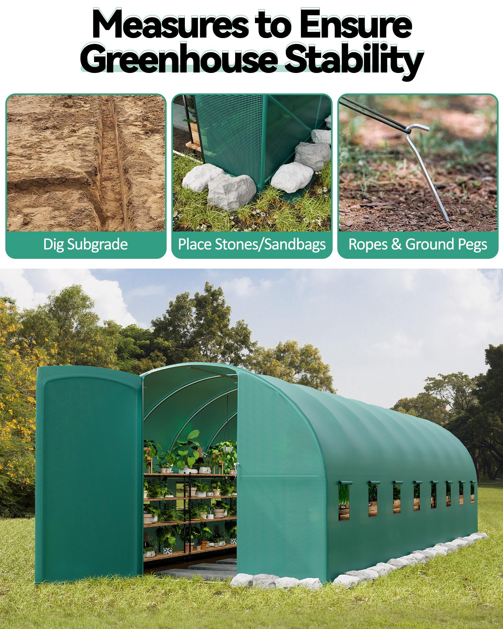 Green greenhouse secured with buried cover edges, stones, sandbags, ropes, and ground pegs