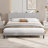 Garvee King Size Corduroy Upholstered Bed Frame with USB Charging Station, Adjustable Storage Headboard, Wooden Slats Support, Gray - Gray