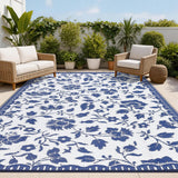 Garvee Large Floral Outdoor Rug 9x12 Navy & White Waterproof Vintage Reversible Plastic Straw Camping Rug for Patio Backyard Deck Balcony Beach - Floral|Navy＆White