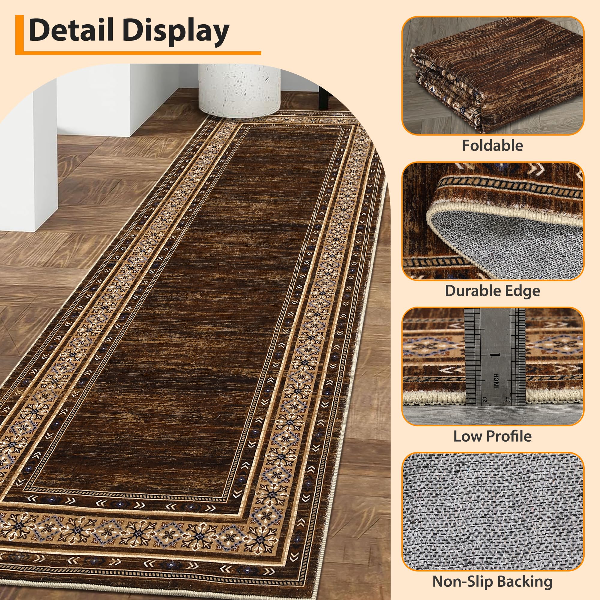Garvee red brown runner rug with foldable low pile edge and non slip backing details