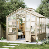 Garvee 8x8 Ft Wooden Greenhouse With Lockable Door, Adjustable Vent, Polycarbonate Panels For Garden Outdoors, Light Brown