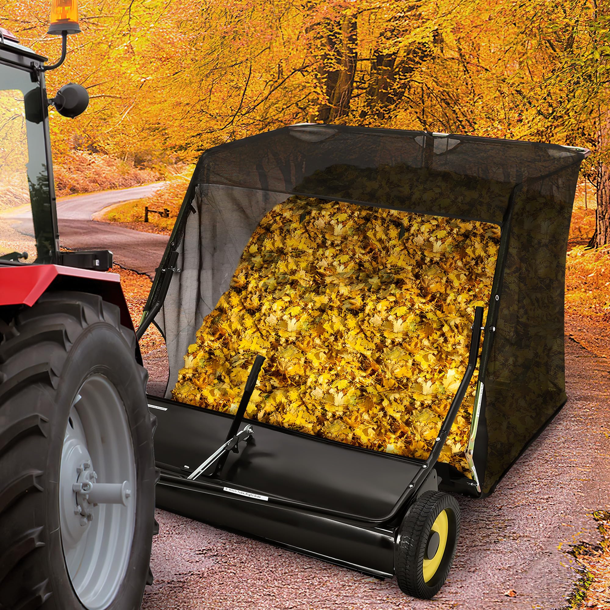Garvee 44 inch tow behind lawn sweeper collecting leaves behind a tractor