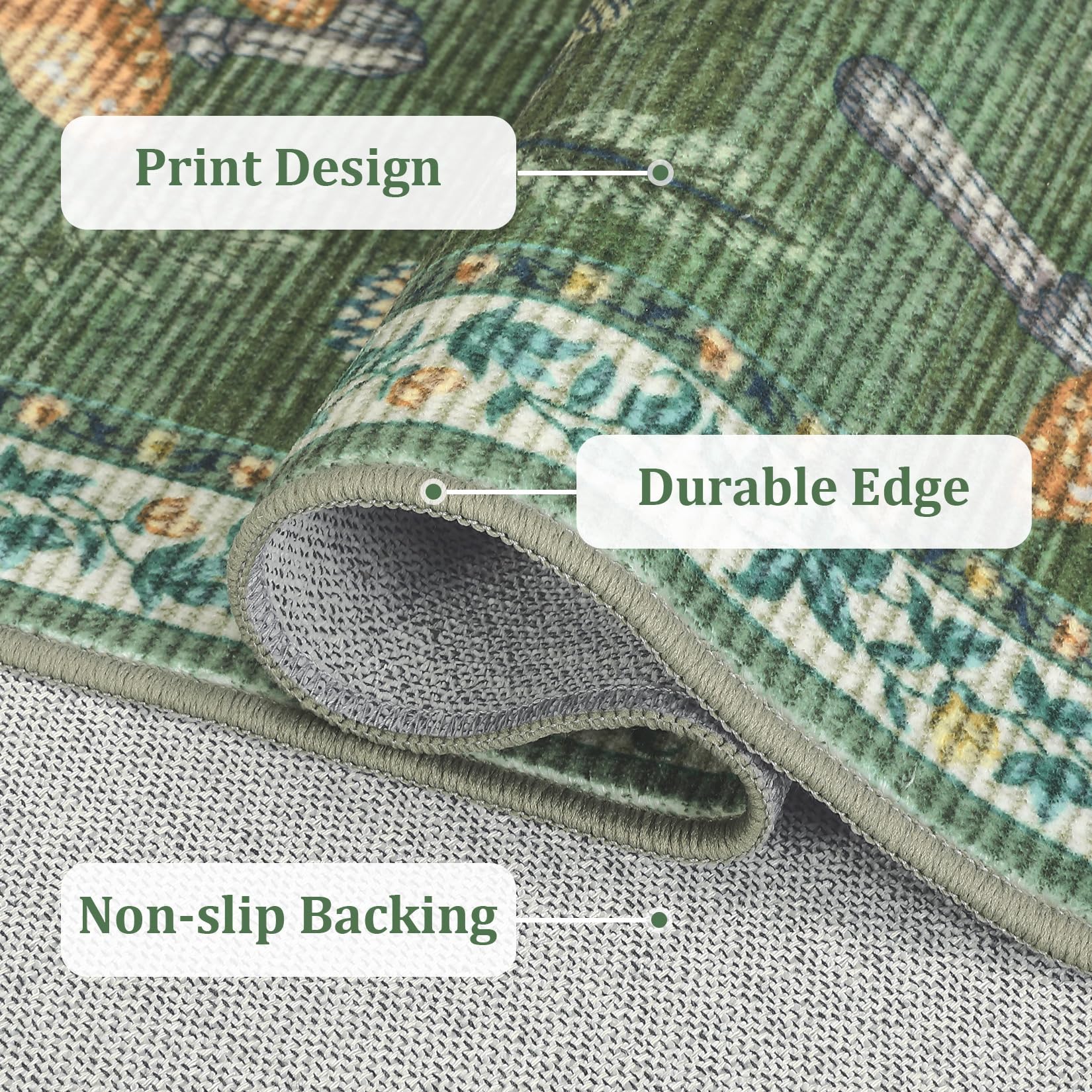close view of the green mushroom rug surface, finished edge, and rubber backing