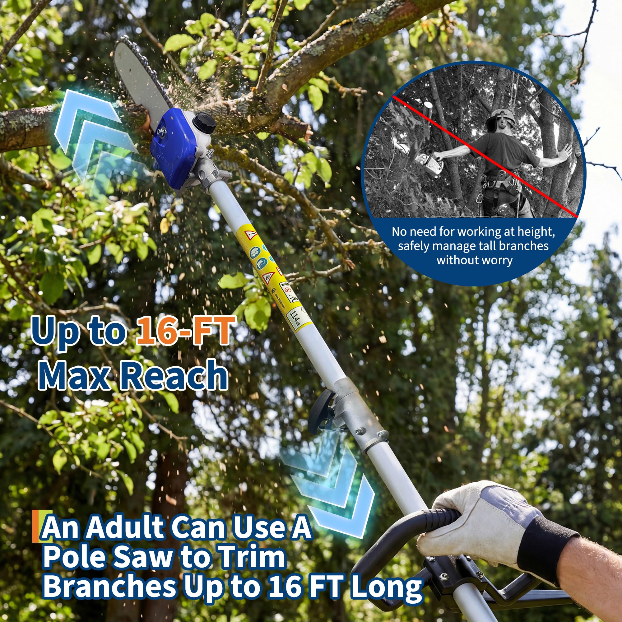 Garvee blue 43CC gas pole saw reaching high tree branches