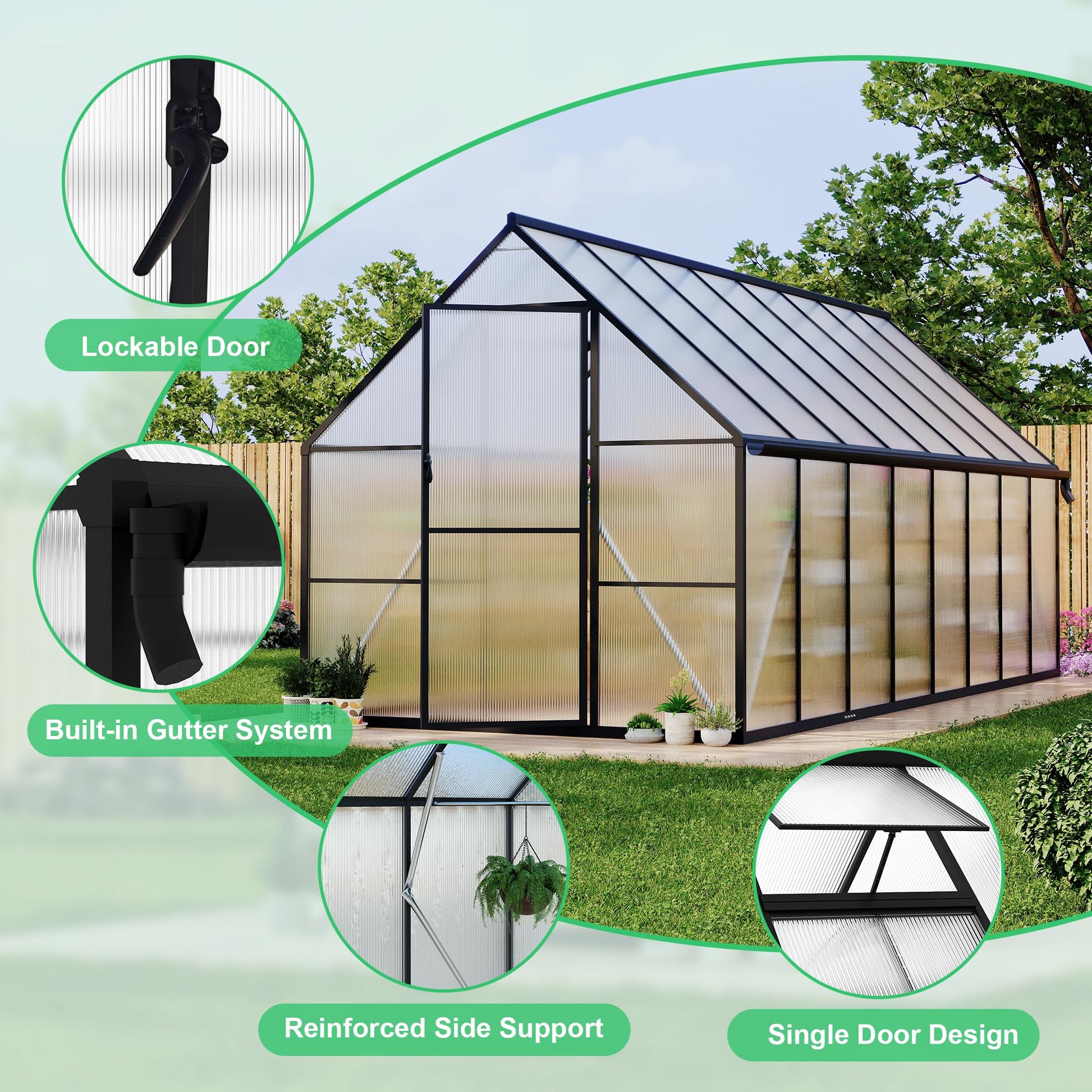Greenhouse with lockable door adjustable roof vent and built-in gutter system