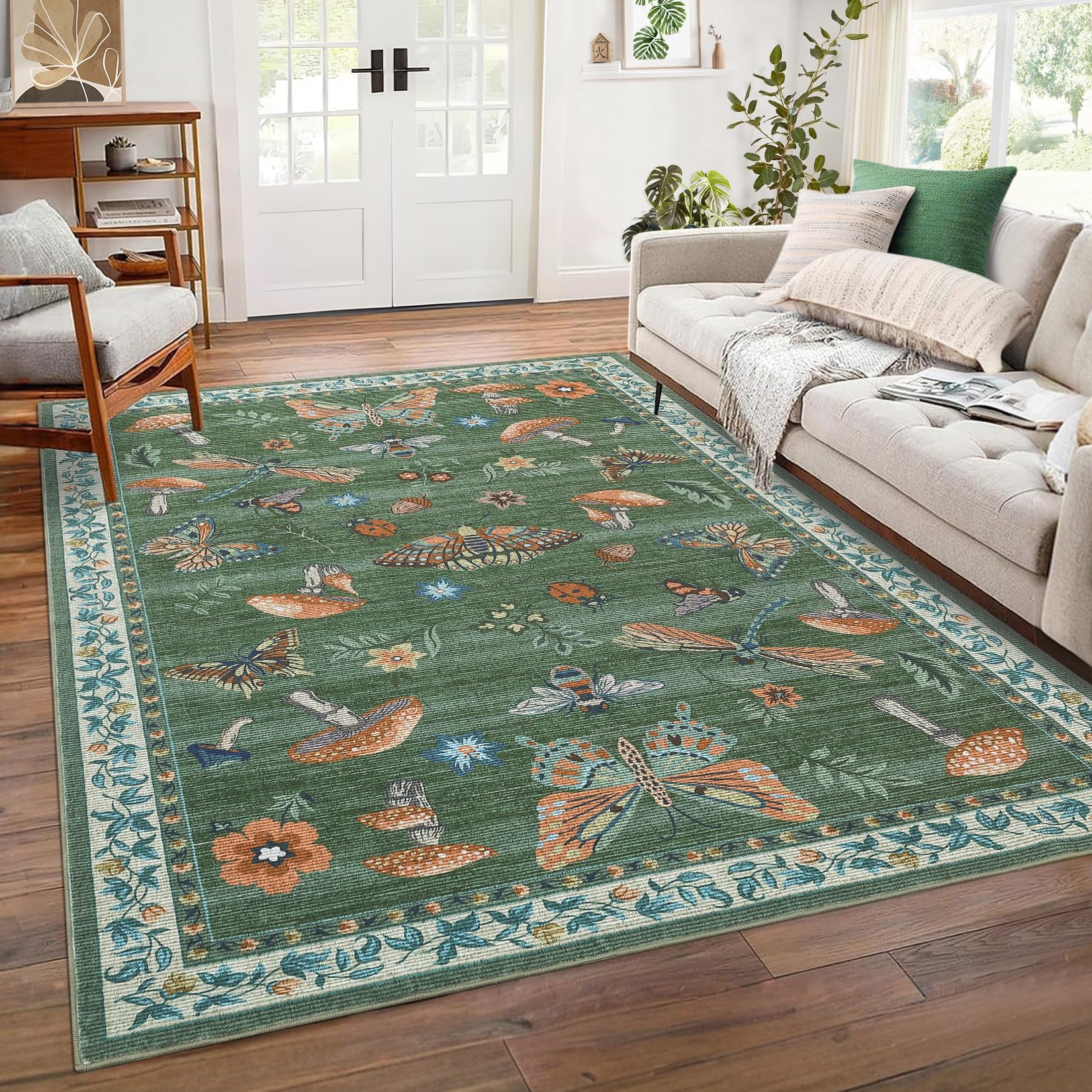 green mushroom insect area rug styled in a coordinated living space