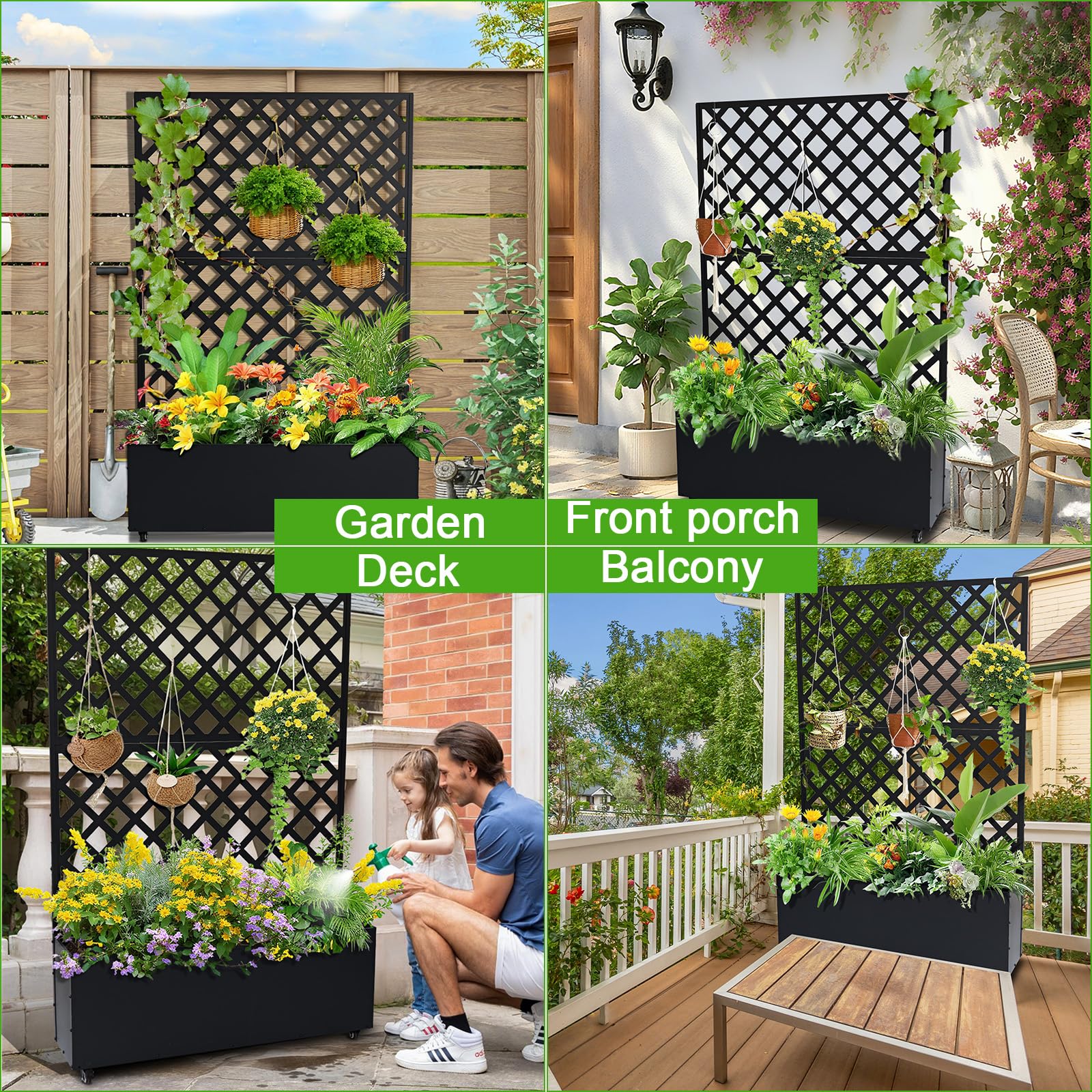 black diamond trellis planter shown in garden porch deck and balcony settings