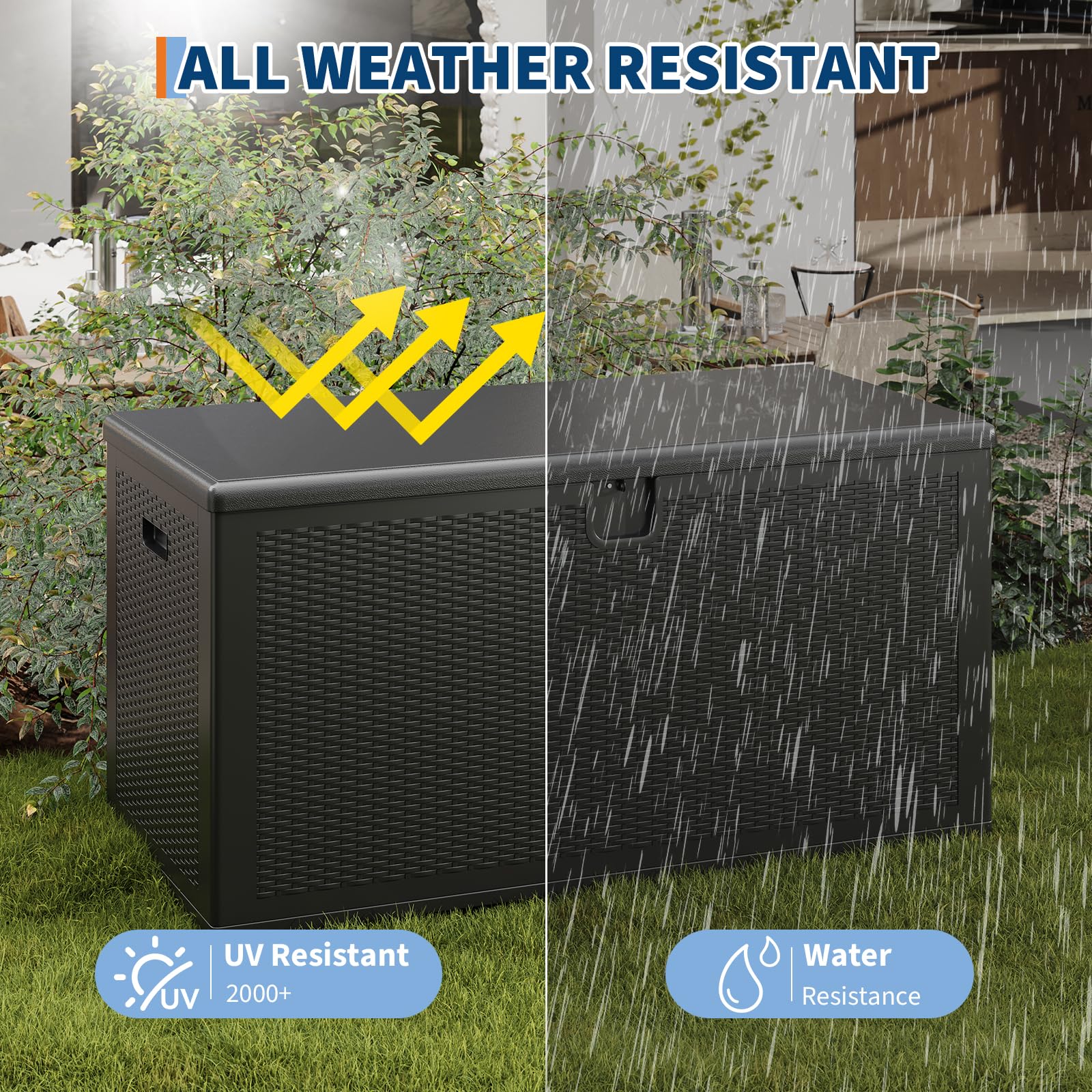 black resin deck box shown in sun rain and snow to demonstrate outdoor weather resistance