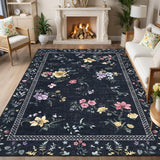 Garvee Floral 9x12 Washable Rugs Non Slip Indoor Stain Resistant Low Pile Ultra Thin Black - Modern Floral|Black